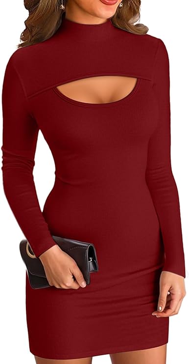 VICHYIE Women Mock Neck Ribbed Bodycon Dress Long Sleeve Mini Pencil Dresses